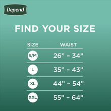 Depend incontinence underwear size chart, XL waist 44–54 in