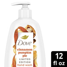 Close-up of Dove cinnamon pumpkin pie hand wash front label and 12 fl oz marking