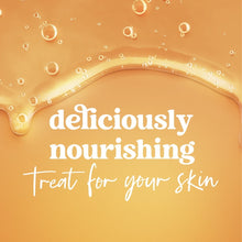 Hand wash promotional label with “deliciously nourishing” and “treat for your skin” text