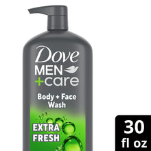 Dove Men+Care body + face wash, Extra Fresh label on pump bottle