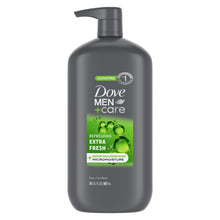 Dove Men+Care Extra Fresh body wash bottle, front label and pump