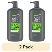 Dove Men+Care Extra Fresh body wash bottles, front labels, 2 pack