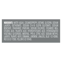 Body wash ingredients panel with long ingredient list