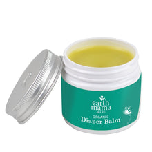 Earth Mama organic diaper balm jar with open silver lid, yellow balm inside