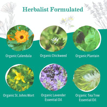 Organic diaper balm herbalist ingredients graphic with six plant circles, St. John’s Wort