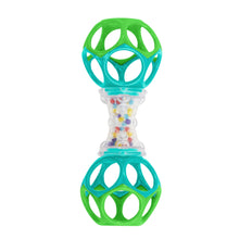 Green and clear baby shaker rattle toy with top and bottom ball grips