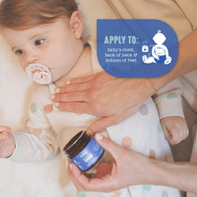 Oilogic vapor chest rub applied on baby’s bottom of feet, shown in hands
