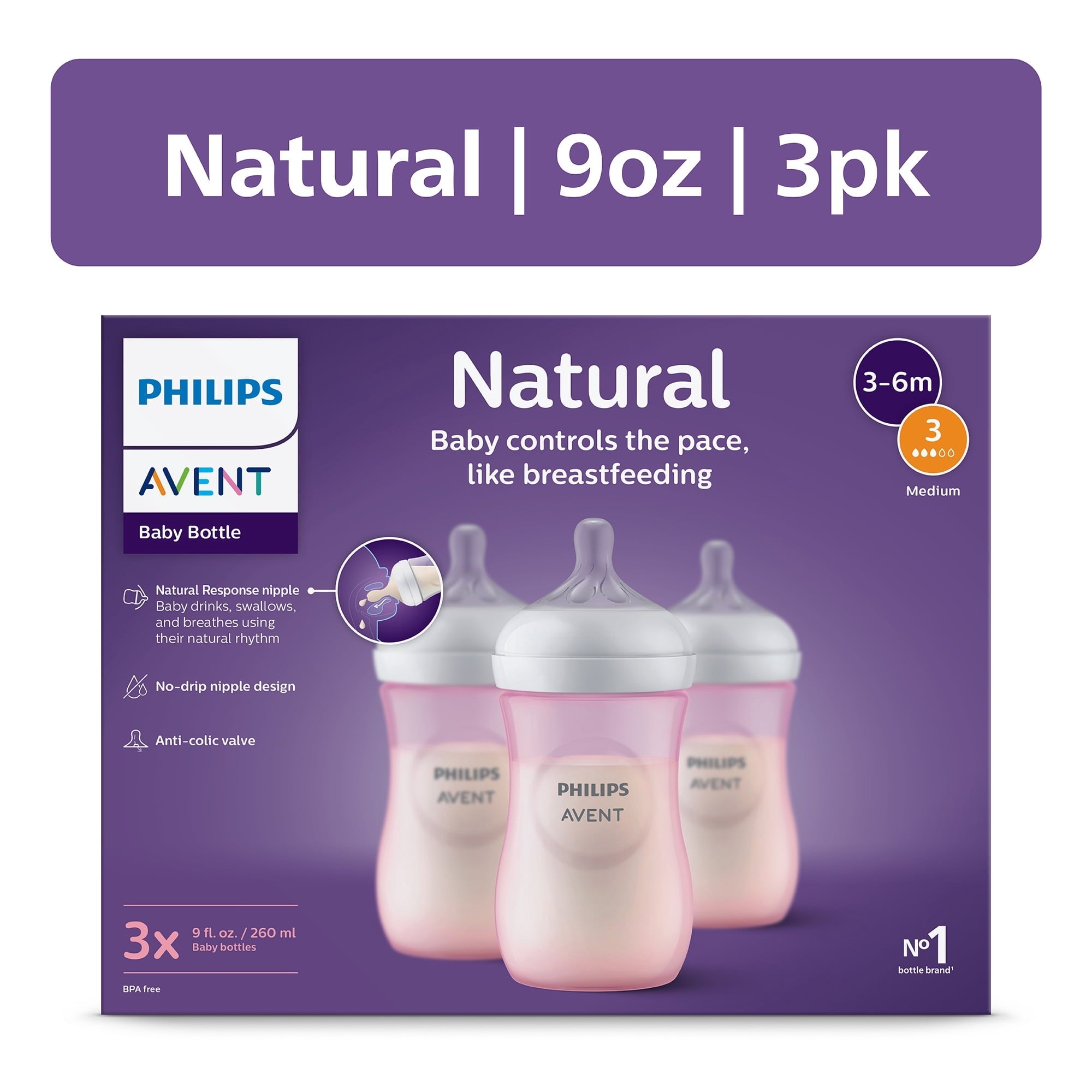 (2 pack) Philips Avent Natural Baby Bottles, Medium Flow, 9oz, Pink, 3-Pack, SCY903/13