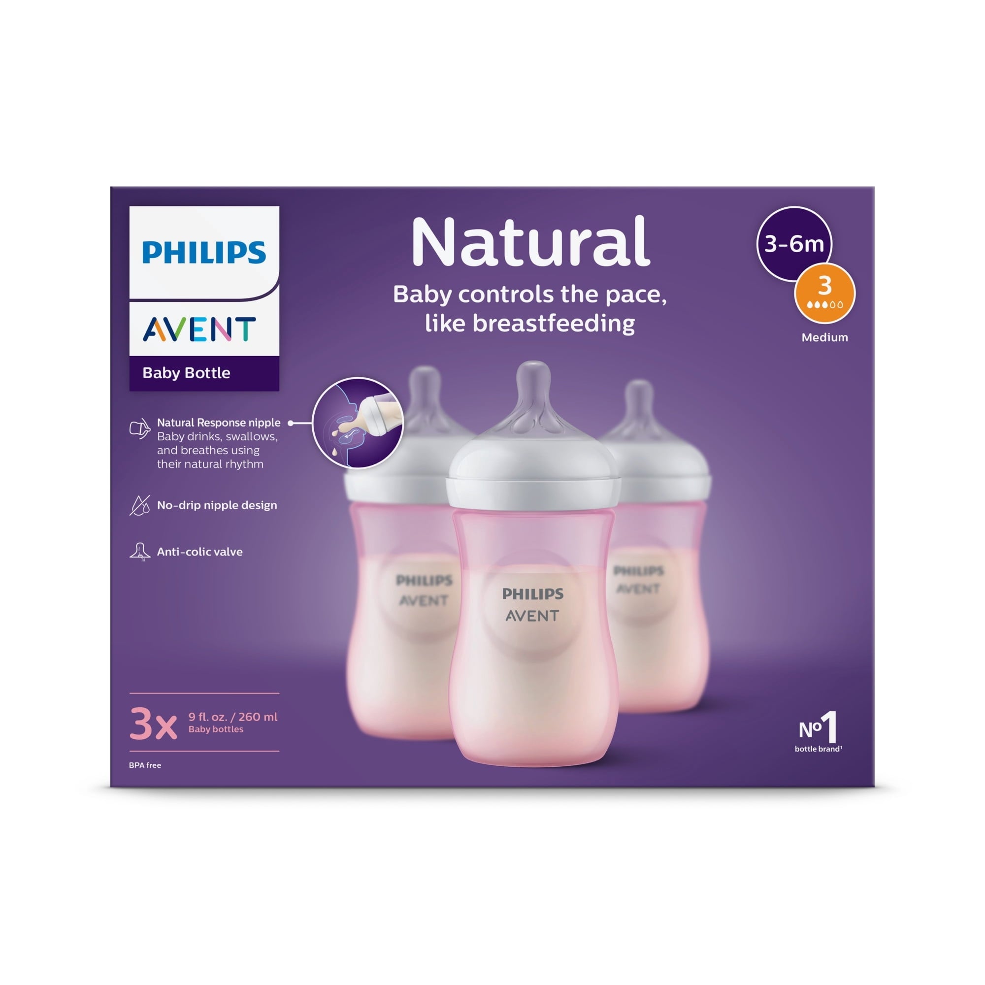 (2 pack) Philips Avent Natural Baby Bottles, Medium Flow, 9oz, Pink, 3-Pack, SCY903/13