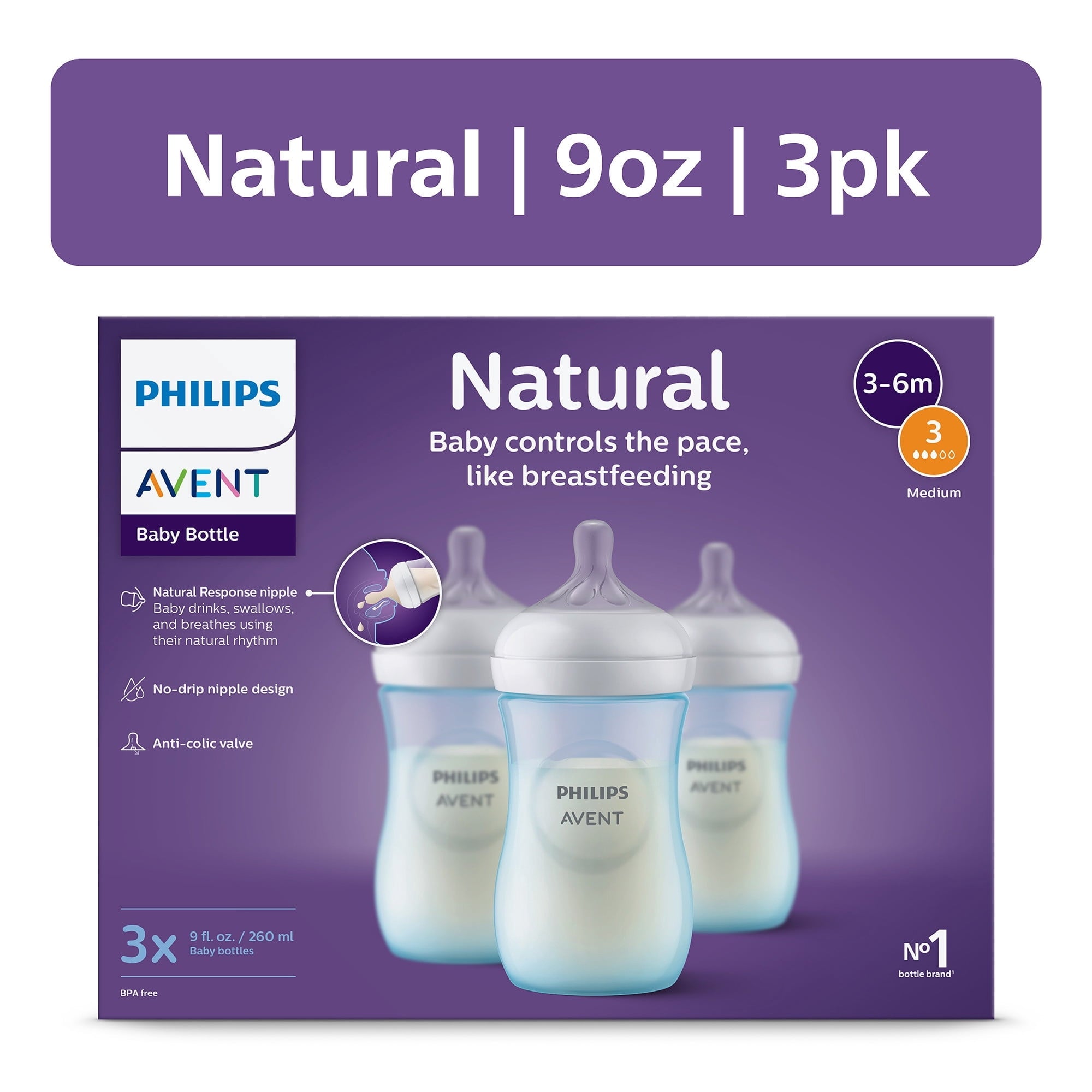 (2 pack) Philips Avent Natural Baby Bottles with Natural Response Nipples (Medium Flow, Flow 3), 9oz, Blue, 3-Pack, SCY903/23