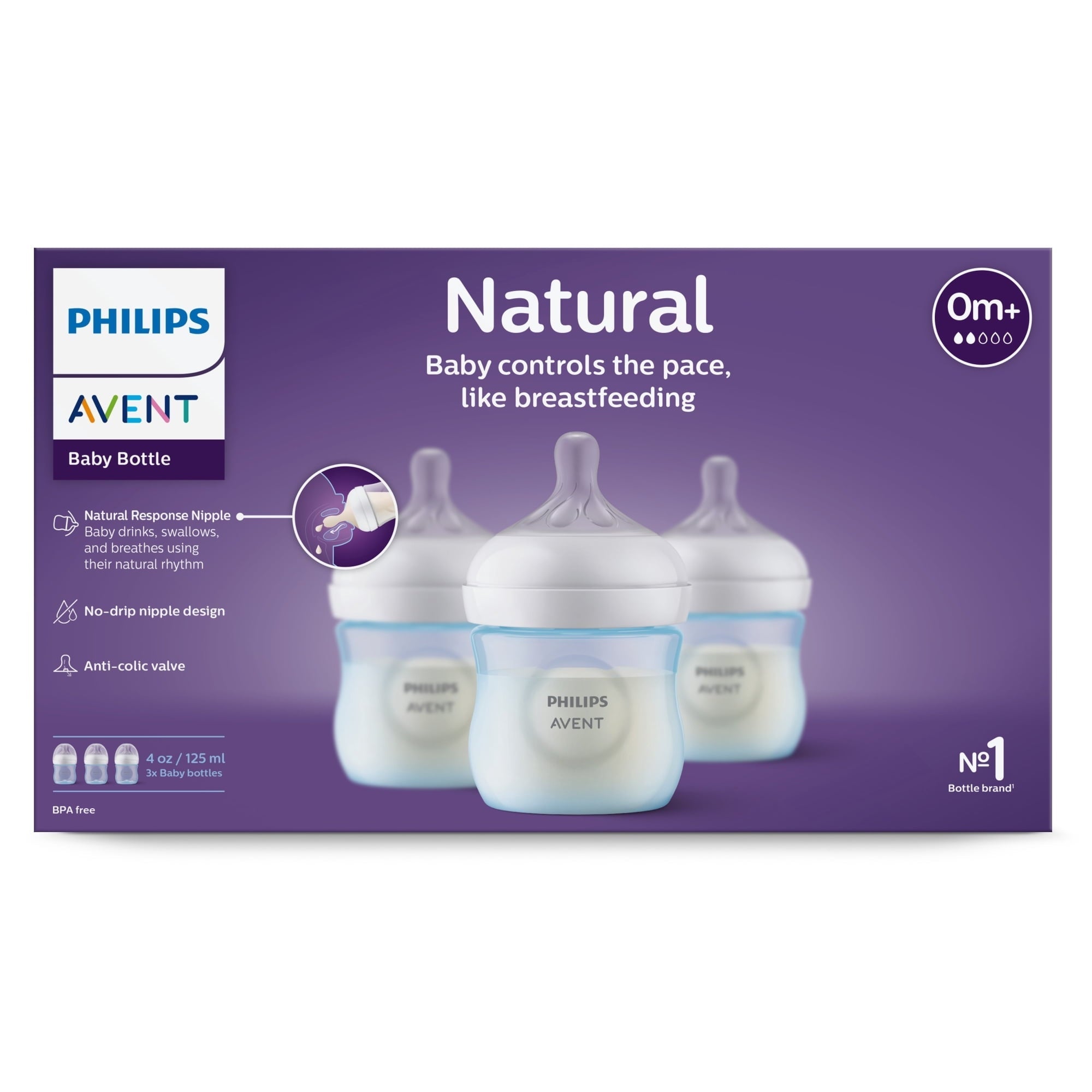 (2 pack) Philips Avent Natural Baby Bottle with Natural Response Nipple, Blue, 4oz, 3pk, SCY900/23