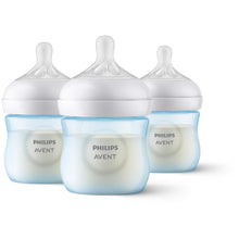 Set of three Philips Avent Natural baby bottles with blue bases and white nipples