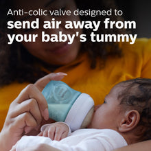 Philips Avent anti-colic baby bottle with blue nipple on white bottle