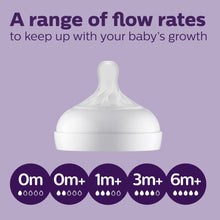 Bottle nipple with flow rate age markings from 0m to 6m