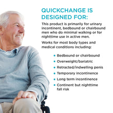 Incontinence wrap information panel with older man and list of intended incontinence use.