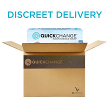 QuickChange incontinence wrap shipping box, shown closed with branding on top and front.