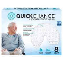 QuickChange incontinence wrap box showing patterned wrap and “8 count” packaging panel.