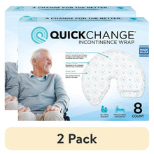QuickChange incontinence wrap 2-pack box showing patterned wrap and seated older man.
