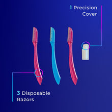 3 disposable face razors with red and blue handles and a precision cover