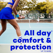 Tampon comfort and protection ad graphic with a woman holding a tennis racket