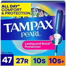 Tampax Pearl 2-pack tampon box front showing Leakguard Braid protection and 47 count