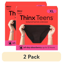 Thinx Teens cotton bikini leakproof period underwear, black, XL, 2-pack in box