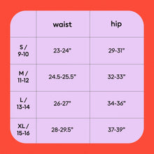 Size chart for leakproof period underwear: waist and hip measurements for S–XL