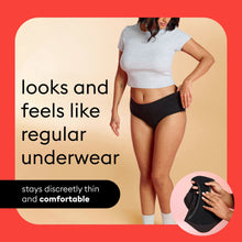 Women’s black leakproof period brief worn under a short-sleeve top