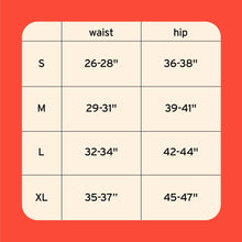 Size chart for Thinx for All briefs: waist and hip measurements