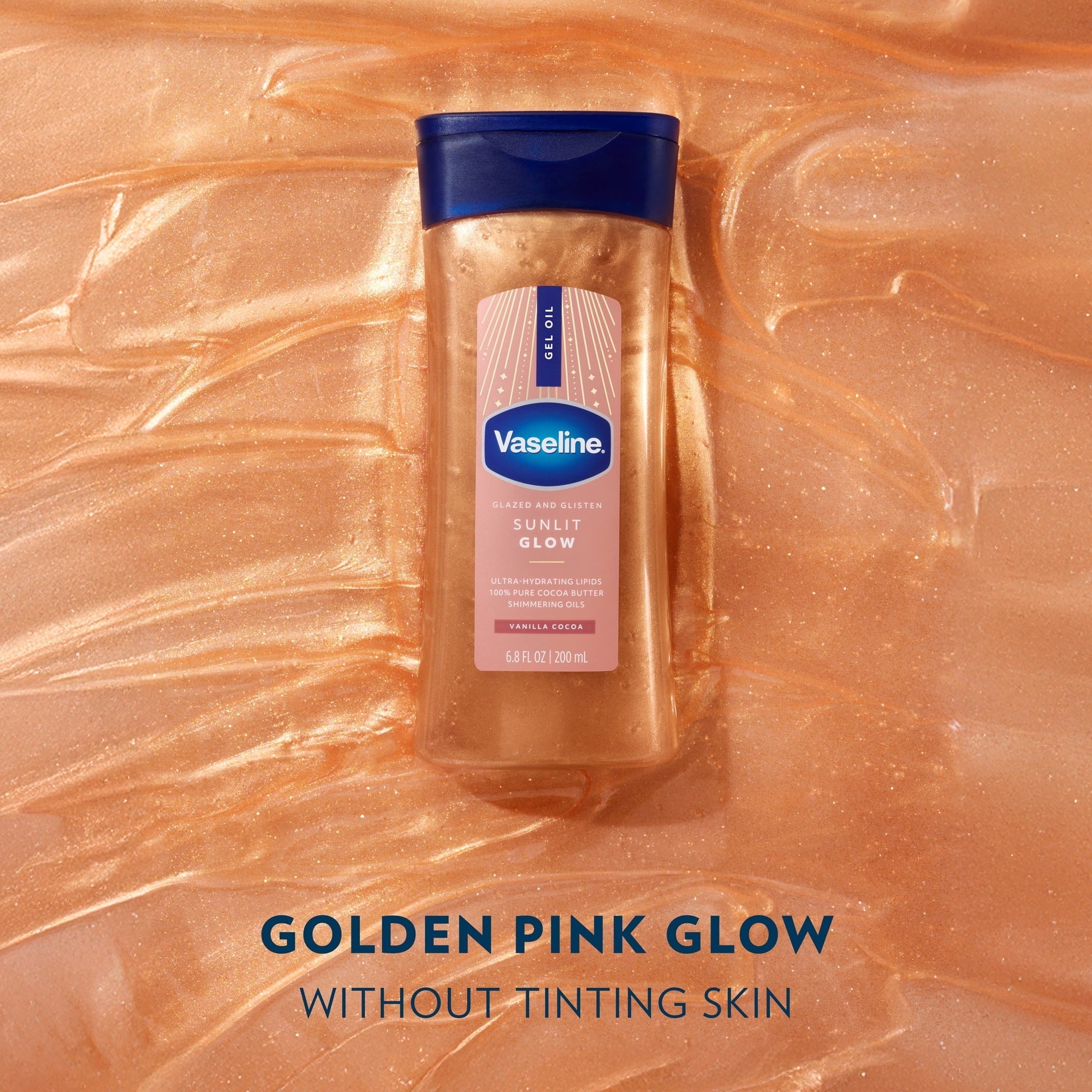 (2 pack) Vaseline Glazed & Glisten Sunlit Glow Vanilla Cocoa Shimmering Body Gel Oil with Ultra-Hydrating Lipids and 100% Pure Cocoa Butter, 6.8 fl Oz