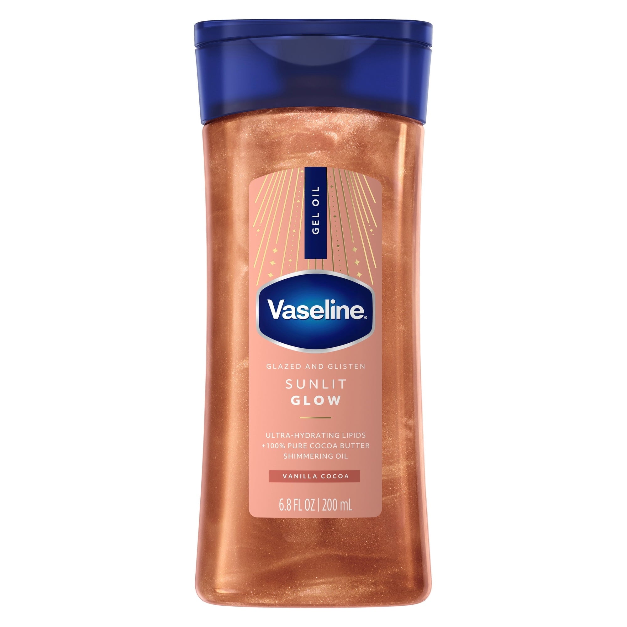 (2 pack) Vaseline Glazed & Glisten Sunlit Glow Vanilla Cocoa Shimmering Body Gel Oil with Ultra-Hydrating Lipids and 100% Pure Cocoa Butter, 6.8 fl Oz