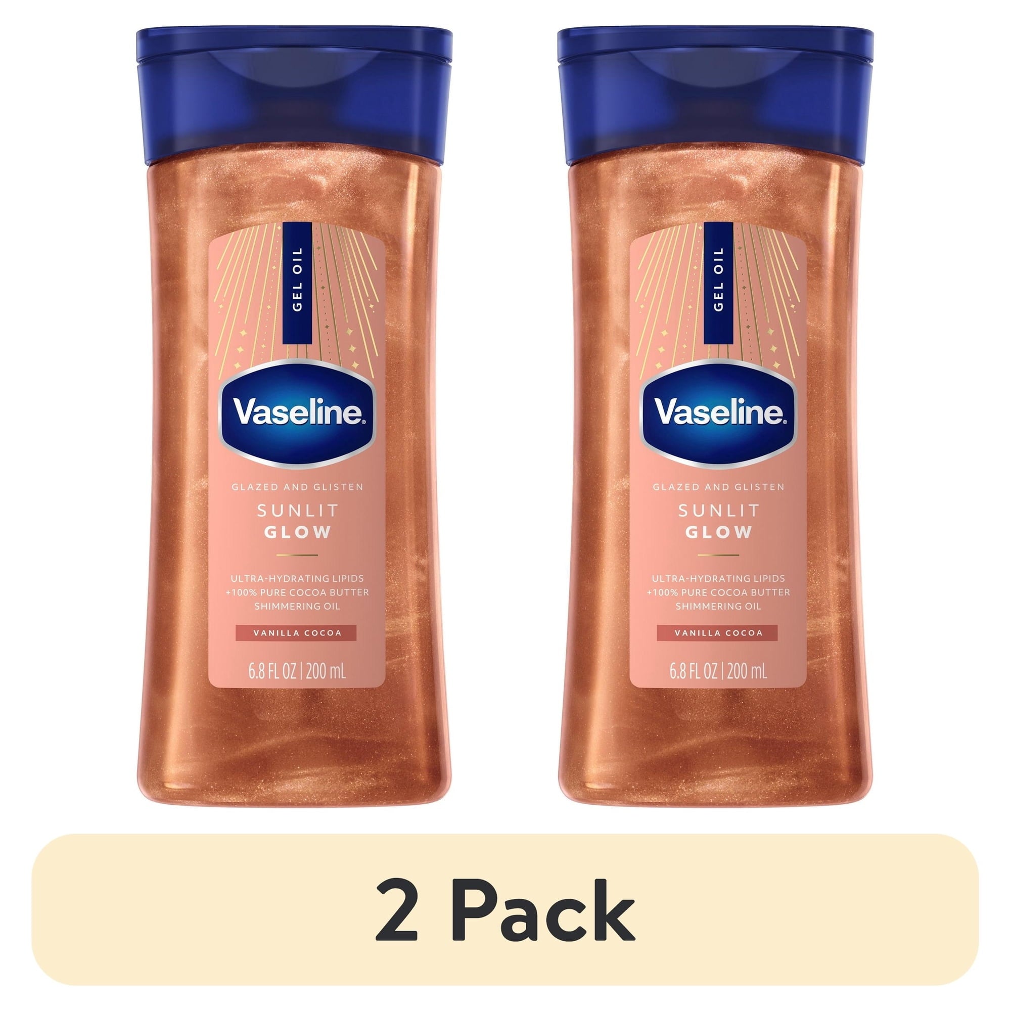 (2 pack) Vaseline Glazed & Glisten Sunlit Glow Vanilla Cocoa Shimmering Body Gel Oil with Ultra-Hydrating Lipids and 100% Pure Cocoa Butter, 6.8 fl Oz