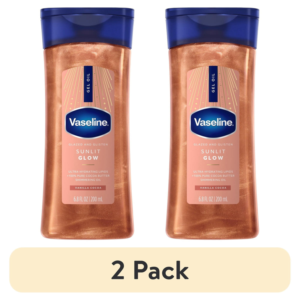 (2 pack) Vaseline Glazed & Glisten Sunlit Glow Vanilla Cocoa Shimmering Body Gel Oil with Ultra-Hydrating Lipids and 100% Pure Cocoa Butter, 6.8 fl Oz