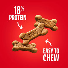 Bone-shaped dog treats showing 18% protein and easy to chew text