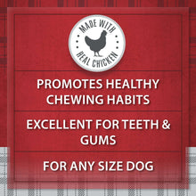 Red packaging panel with 'Made with real chicken' seal for dog treats