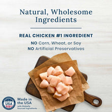 Natural wholesome ingredients graphic with chicken pieces on brown paper