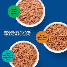 Wet cat food paté in white bowls, brown paté texture assortment