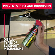 Silicone lubricant spray can with red nozzle applied to slide-out mechanism by hand
