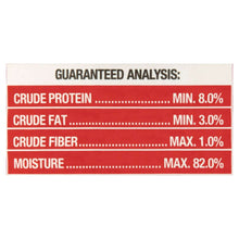 Guaranteed analysis label for wet dog food can