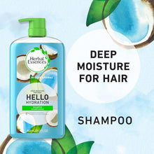Hydrating shampoo bottle with green pump and blue Hello Hydration label