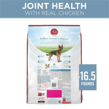 Back of dry dog food bag with joint health info and 16.5 pounds label