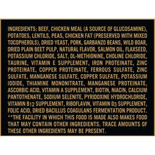 Dry dog food ingredients panel listing beef, chicken meal, and potatoes
