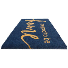 Navy coir doormat with tilted gold 'home' script and side 'It's good to be' text