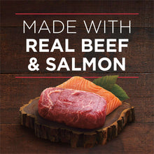 Real beef steak and salmon fillet graphic for Purina ONE True Instinct wet dog food