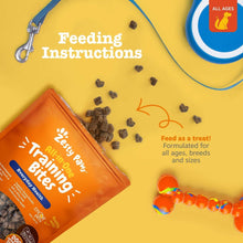 Training bites feeding instructions panel with scattered bite treats and pouch illustration