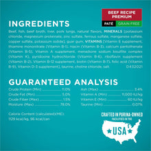 Purina ONE grain-free wet cat food beef recipe ingredient and guaranteed analysis panel