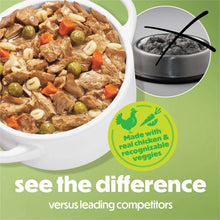 Chicken stew wet dog food in a white bowl with peas and carrots