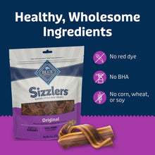 Blue Buffalo Sizzlers bacon-style dog treat bag with icons for no red dye and no BHA