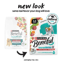 Dry dog food bag showing “3.5 pounds” and Naturals-and-farm-beef package graphics