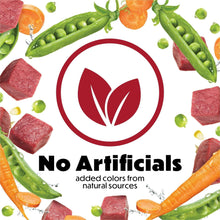 Dog food packaging with “No Artificials” seal surrounded by vegetables and meat pieces